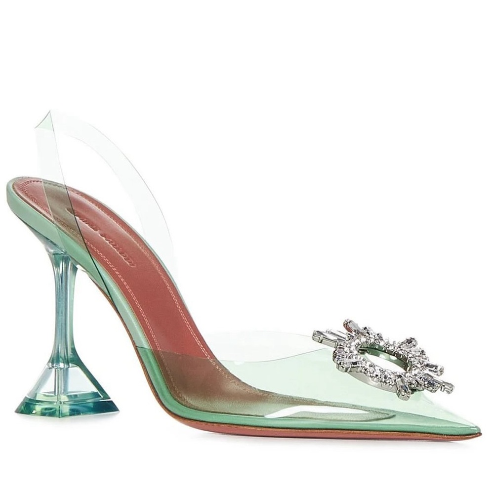 Amina Muaddi transparent lime green shoes with silver hardware